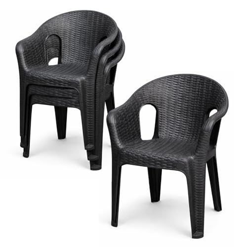 PALUPLUS Set 4 Sedie da Giardino in Polipropilene effetto Rattan colore Antracite, misura 56x47x81 cm, Sedia Impilabile, Schienale Basso e Braccioli per Esterno ed Interno, Portata 120 Kg -2622F -14