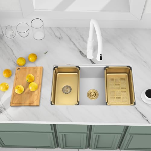 Image of White Kitchen Sink 31 inchx 18 inch,White Granite Composite Kitchen Sinks with Ledge & Gold Accessories, 31 Inch Quartz Stone Kithcen Sink，31 inch x 18 inch x 9 inch Large and Deep Single Bowl Workstation Sinks