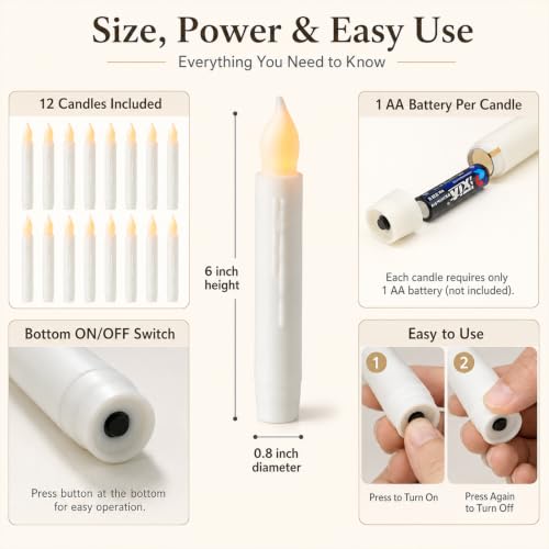 Image of Lezonic 12 Pack Flameless Taper Candles Battery Operated Candlesticks Flickering LED Fake with Dripping for Halloween Christmas, 6 Inch White Wedding Mantel Fall Church Vigil Decor by Touch, No Remote