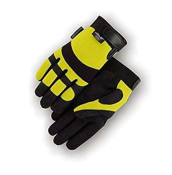 Birsppy Majestic 2137HY Hawk Mechanics Gloves, Armor Skin Synthetic Leather Palm & Fingers, Neoprene Knuckle, Hi-Viz Yellow & Black, Size Medium, 3 Pair