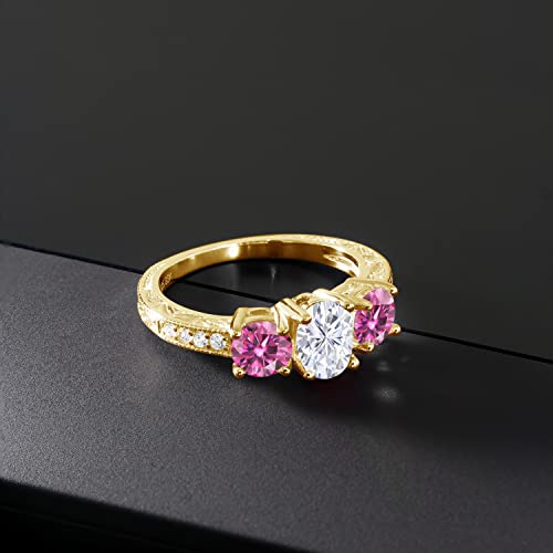 Gem Stone King 18K Yellow Gold Plated Silver Personalized and Customized Engagement Ring For Women | 7X5MM Oval and 5MM Round 3 Stone Birthstones and Moissanite | Available In Size 5, 6, 7, 8, 94