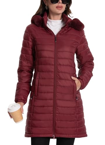 ATLASLAVA Damen Winterjacke Lang Wintermantel Steppjacke Übergangsjacke Daunenjacke Wasserdicht Warm Leichte Kapuze Frauen Winter Mantel Outdoor Weinrot M