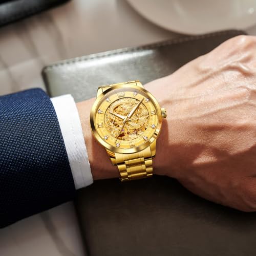 Image of OLEVS Dragon Skeleton Mens Automatic Watch 42MM Large Dial Gold Luxury Self-Winding Diamond Waterproof Stainless Steel Business Tourbillon Mechanical Watches
