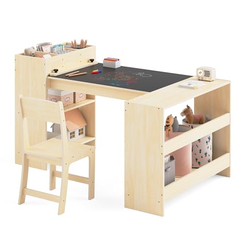 Puecrof Kinder-Kunsttisch und Stuhl Set, höhenverstellbarer Holztisch mit Stauraum – Aktivitätstisch für Malen, Lesen und Lernen