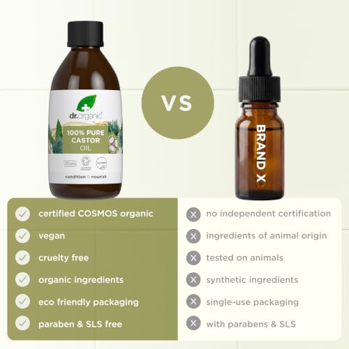 Dr Organic Castor Oil, 100% Pure & Cold Pressed, Nourish & Condition, for Dry Skin & Hair, Massage, Carrier Oil, Aromatherapy, Natural, Vegan, Cruelty Free, Certified Organic, 250ml