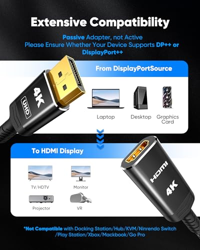 Image of Highwings 4K DisplayPort to HDMI Adapter, Uni-Directional DP to HDMI Adapter Converter Cable Male to Female, HDMI Abapter Compatible with Laptop Desktop HDTV Monitor Projector, Black, Passive