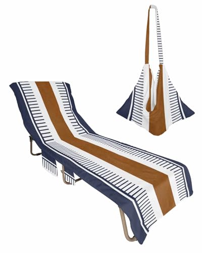 Beach Pool Patio Lounge Chaise Chair Cover Towel with Pockets,Navy Blue Stripes Absorbent & Quick Dry Microfiber Towel Cover Bag Summer Travel Accessories Geometric Brown White Boho Tribal