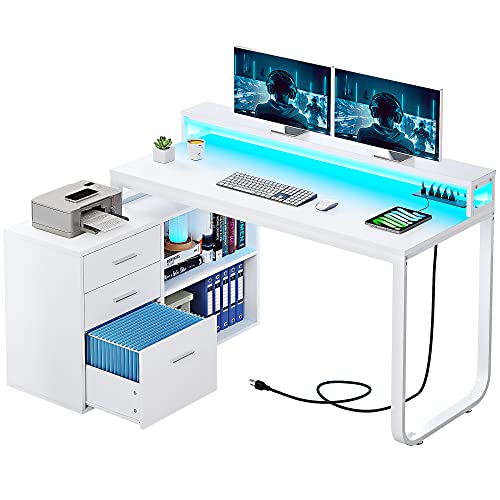 Yitahome L Shaped Desk With Power Outlets & Led Lights & File Cabinet, 55 Inch Large Computer Desk Corner Desk With 3 Drawers And 2 Storage Shelves, Home Office Desk With Monitor Stand, White #TOP23