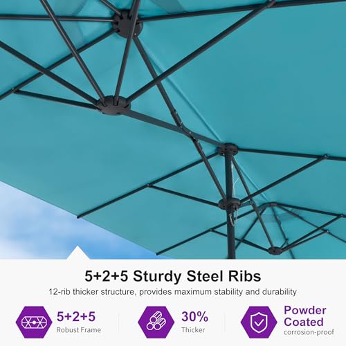 Image of PURPLE LEAF Patio Umbrella 14ft with Base Large Rectangle, Turquoise Blue
