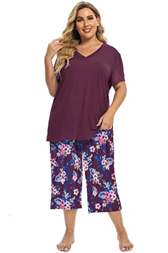 Image of Vozanet Women's Pajamas Set Soft V Neck Sleepwear Top and Capri Pj Lounge Sets Cartoon Heart Shape Cat Nighty Plus Size