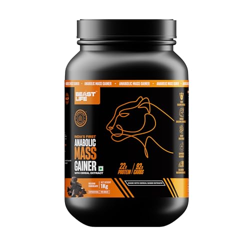 Beast Life High Protein Mass/Weight Gainer | 1 KG | Belgian Chocolate | NABL LAB Tested | For Muscle Gain & Fast Growth | Cereal-Based Formula, No Maltodextrin | India's #1 Cereal Based Bulk Gainer