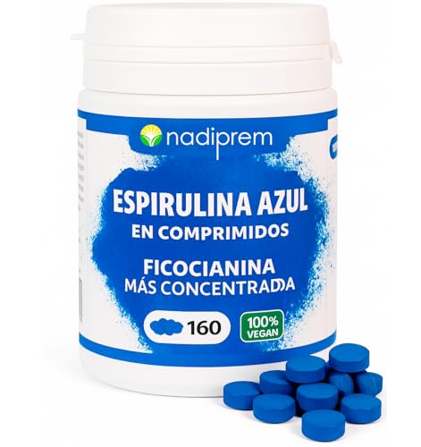 Nadiprem Espirulina Azul en Comprimidos (160 pastillas) de Ficocianina Alta Concentración - Antioxidante Natural Vegano DETOX