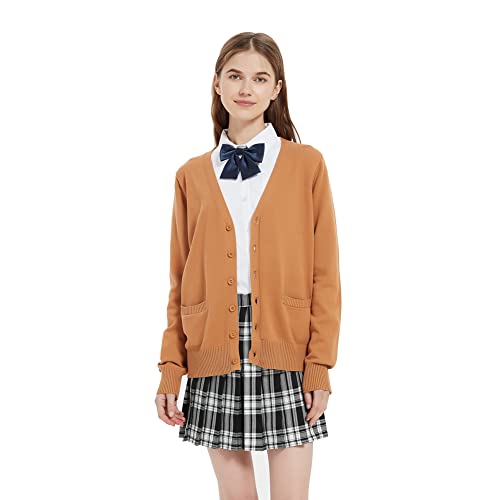 Image of jinghuiyue Women's Cardigan School Uniform Sweater V Neck Button Down Knit Cardigans Coat with Pockets