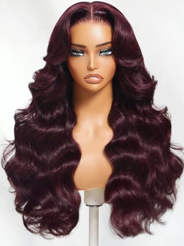 Image of Beauty Forever 13x4 Pre-Everything Lace Frontal Glueless Wig Human Hair Pre Plucked Pre Cut Black Cherry Loose Body Wave Drawstring Wig With Face Framing Layers Ready to Go Wigs 150% Density 26inch