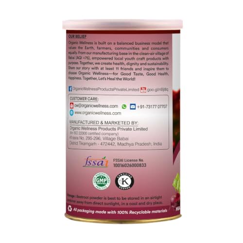 Image of Organic Wellness Beetroot Powder | For Face Pack, Lip, Skin & Hair Care | Natural Antioxidant-Rich | 100% Plant-Based, No Preservatives | 100g Bottle Pack of 1