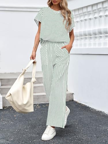 Image of Tankaneo Womens Striped 2 Piece Sets Short Sleeve T Shirts Wide Leg Pants Matching Lounge Set with Pockets