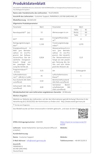 Telefunken Geschirrspüler Unterbau 60 cm, Spülmaschine Silber, 12 Maßgedecke, 6 Programme, AquaStop, Startzeitvorwahl, leise 45 dB, Speed-Wash, Eco, höhenverstellbar, Besteckkorb, GEU6012DI