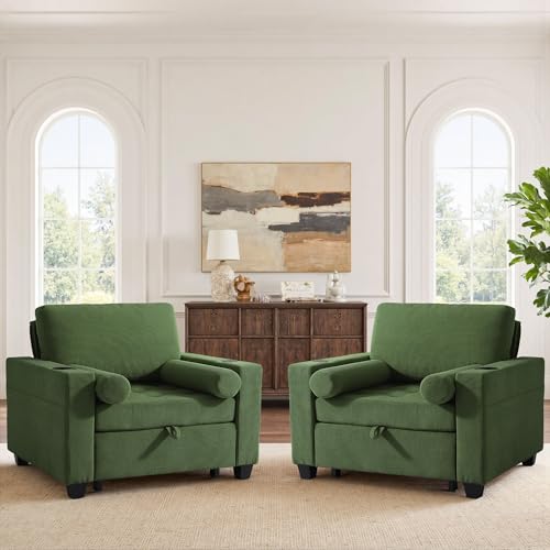 Image of 3-in-1 Sleeper Sofa Chairs Set of 2, Pull Out Sofa Bed Convertible Reclining Seat Upholstered Armchair, Adjustable Backrest Recliner Chair with Side Pockets, Cup Holder & USB Ports - Green