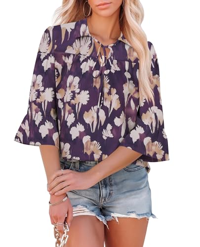 siliteelon Ladies Blouses 3/4 Sleeve Ruffle Tops for Women Collared V Neck Floral Tie Front Casual Business Work Office Blouses Flowy Fashion Trendy Elegant Spring Summer Ladies Woman XL Shirts