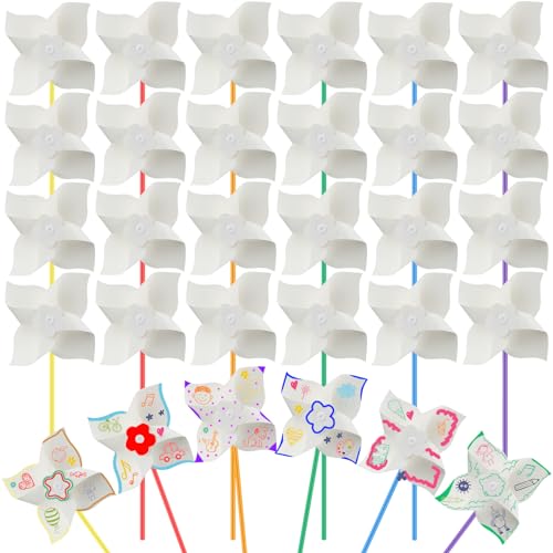 Poen 100 Pcs DIY Pinwheels for Kids Bulk Color Your Own White Pinwheels Summer Activity Paper Craft Coloring Patriotic Blank Windmills VBS 4th of July Sunday School Party Favor Supplies 5 Inches