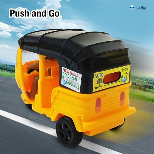Image of FunBlast Auto Rickshaw Toys, Push & Go Auto Rickshaw Toy for Kids, Toy Vehicles for Kid, Tricycle Toys for 3+ Years Old Kid, Boys, Girls - Pack of 1 Pcs (Random Color)