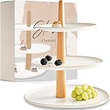 STEINZEIT Design Etagere - Etagere 3 Etagen aus robuster und handgefertigter Keramik - Etagere Holz in Kombination mit hochglanz Keramik - Etagere groß mit drehbaren Etagen - Etagere weiß