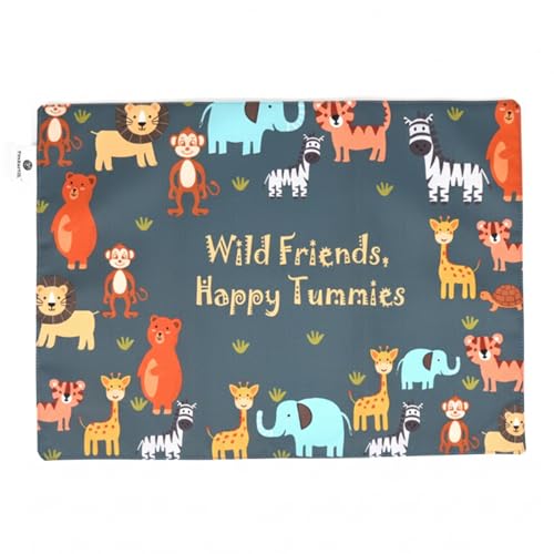 Image of Kids Cloth Table Mats Set of 4 - Wild Animal Jungle Safari Theme,Digital Print, Washable, Indoor /Outdoor, Heat-Proof, Water Resistant,Wipe & Clean (47X33 cm) Forest Green