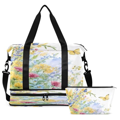 Flowers and Butterfly Gym Bag - Weekender Overnight Bags for Women Men, Sport Travel Duffel Bag with Wet Pocket & Shoe Compartment2