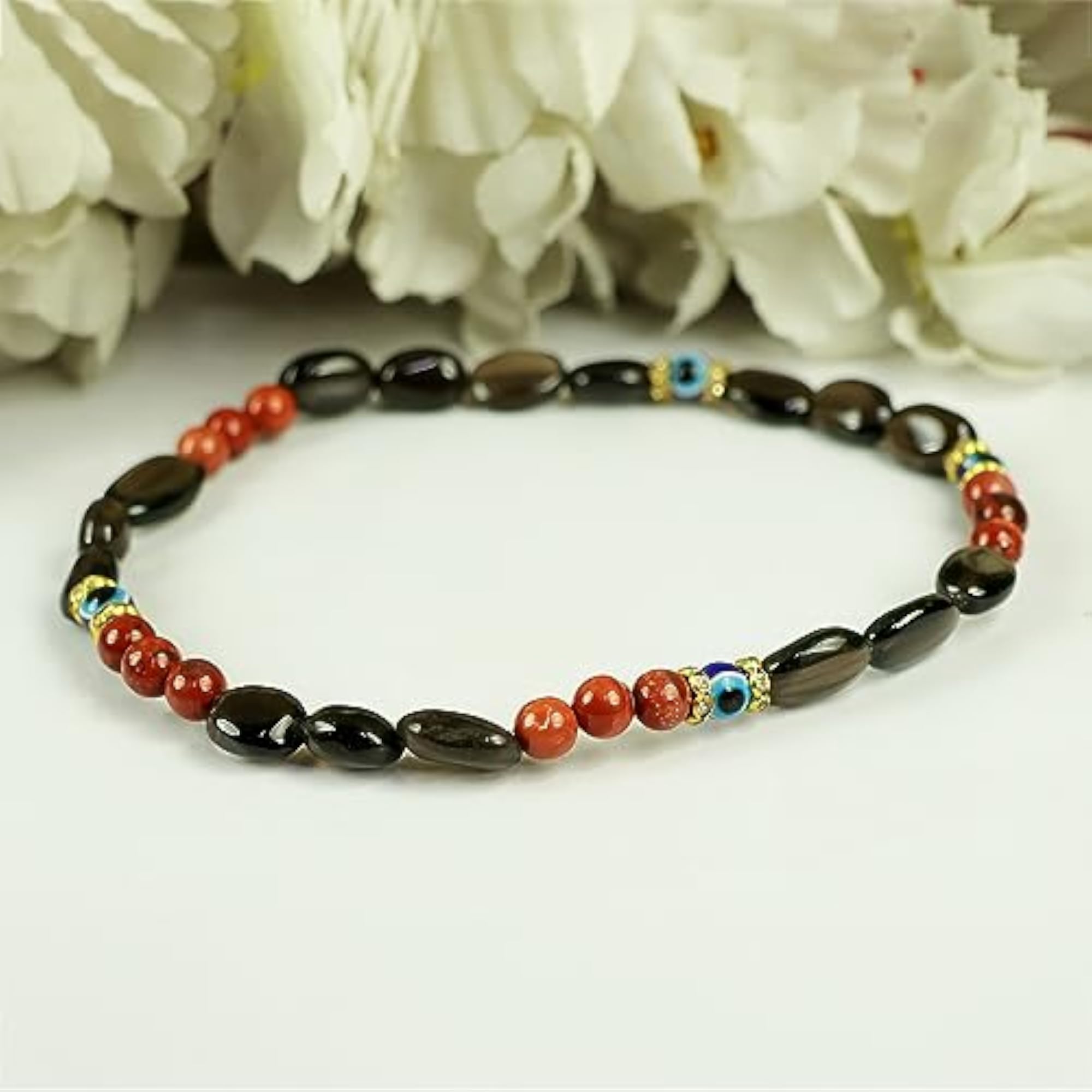 Natural Smoky Quartz & Goldstone Evil Eye Multi Stone Anklet