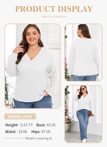 Eytino Plus Size for Women V Neck Long Sleeve Tee Shirts Loose Casual 2025 Fashion Outfits Clothes(1X-5X)3