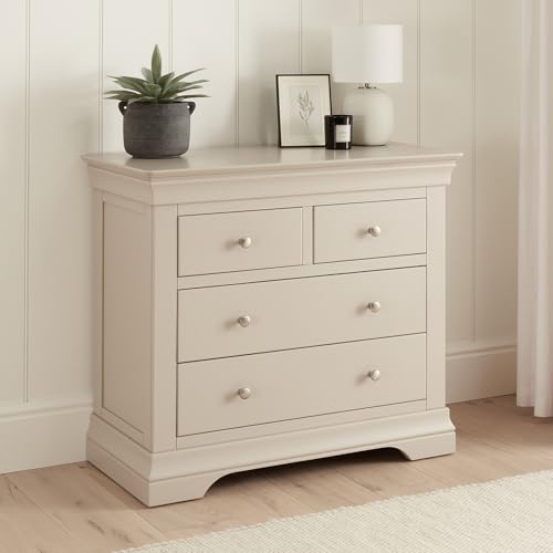 Wilmslow Dove Grey Painted 2 over 2 Drawer Chest | Solid Wood Storage Cabinet with Drawers | Modern Rustic Bedroom, Living Room, Hallway Furniture | Compact Storage Chest