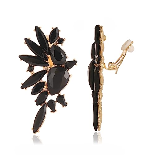 Vintage Rhinestone Statement Clip on Earrings Retro Crystal Drop Dangle Earrings Cluster Non Pierced Earrings for Women