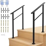 2-Step Indoor/Outdoor Handrail Kit - Black Aluminum Stair Railing with Iron Posts for Steps & Porch, Includes Gloves - 2-Pack