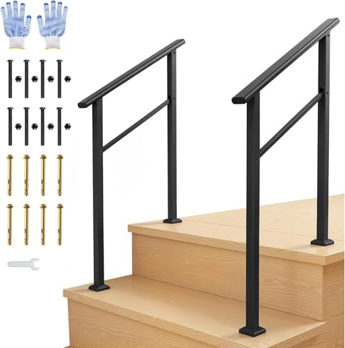 2-Step Indoor/Outdoor Handrail Kit - Black Aluminum Stair Railing with Iron Posts for Steps & Porch, Includes Gloves - 2-Pack