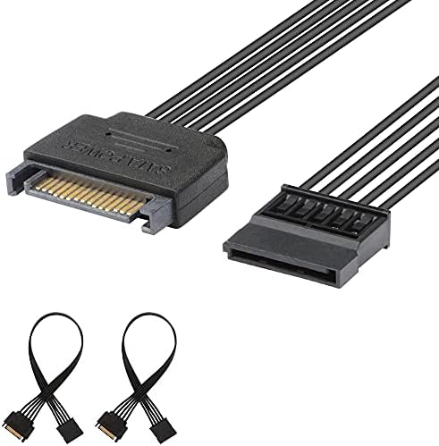 J&D 15 Pin SATA Power Extension Cable (2 Pack), Male to Female Cable, 10 inch, Black