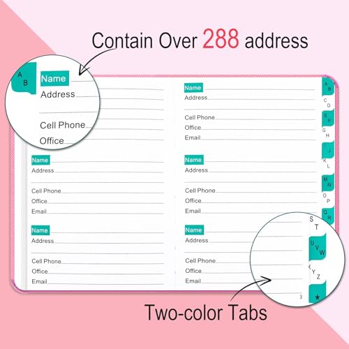 Address Book with Alphabetical Tabs, Pink, Small Address Book 6.1x4.7 inches, Contact Information Includes Names, Address, Cell Phone, Office, Email
