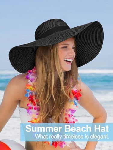 Floppy Sun Hats for Women, Summer Wide Brim Straw Beach Hat Black - 5