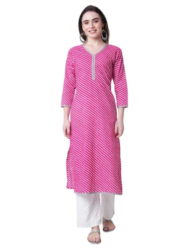 Image of YUVVIK Women's Cotton Lehariya Print Straight Kurti | Stylish Long Ethnic Kurta for Daily Pure Cotton Calf-Length Kurta for Women & Girls