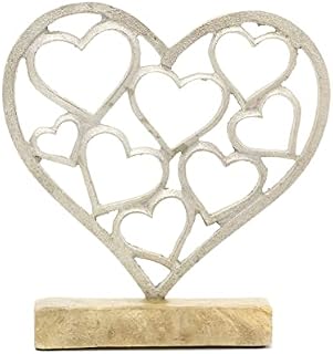 Carousel Home Elegant Silver Metal Love Heart Ornament | Silver Hearts On Wooden Base Sculpture | Anniversary Wedding Gifts