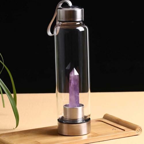 Queemie Natural Amethyst Crystal Water Bottle, Stainless Steel Glass Purple Quartz Gemstone Obelisk Wand Energy Cup Sports Cup for Healing Wellness 550ml
