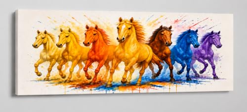 Image of 7 Horse Vastu Sunrise Canvas Painting | Positive Energy Wall Decor | Big Size Premium Running Horses Artwork for Home, Office & Hall Decoration (Modern, Yellow Horse, 44x20 Inch)