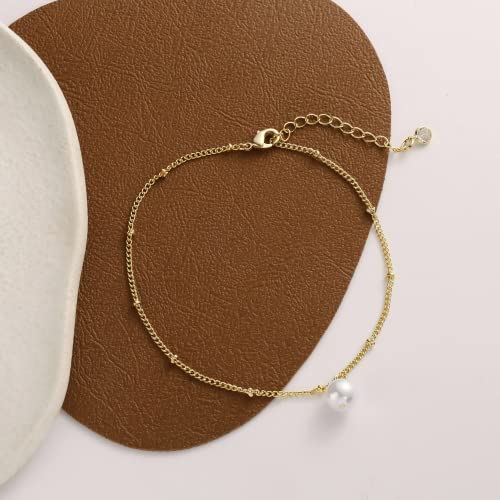 Kyerlyn 14K Gold Plated Pearl Anklet Dainty Pearl Anklet Bracelet Minimalist Satellite Chain Pearl Charm Anklet Beach Foot Chain Anklet Summer Foot Jewelry For Women #TOP4