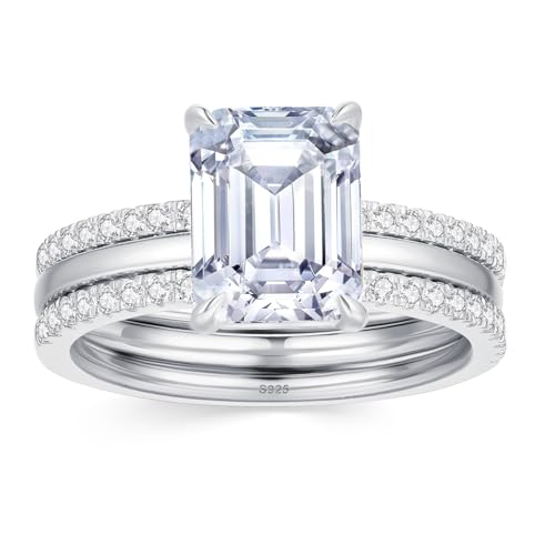 Image of Moissanite Wedding Ring Set for Women, D Color VVS1 Cushion /Emerald Cut Bridal Set Wedding Bands S925 Sterling Silver with 18K White Gold Plated Engagement Anniversary Rings for Her Size 4-8.5