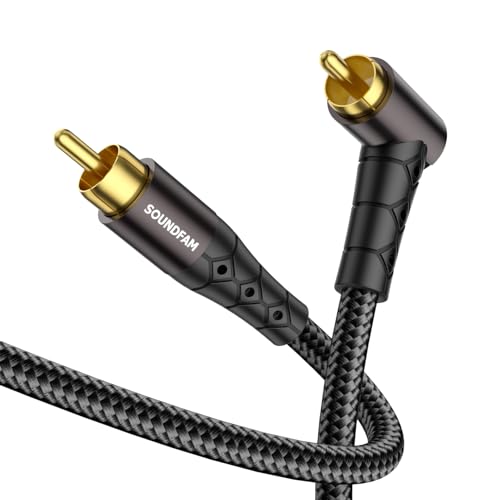 SOUNDFAM 90-Grad RCA-Kabel 1.5M, Rechtes-Winkel-Subwoofer-Kabel [24K Goldplattierung, Baumwollgeflecht] f&uuml;r Subwoofer, DVD, Verst&auml;rker, Heimkino (Schwarz)