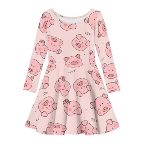 Allhaitong Girls Cute Long Sleeve Midi Dress for Party Cartoon Pig Print Casual Funny Swing A Line T Shirt Dress Cover