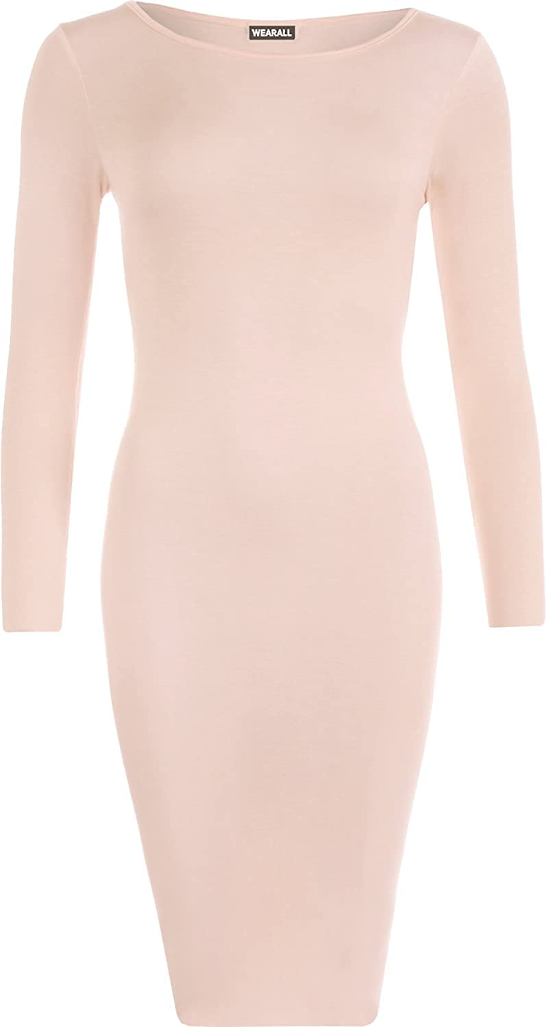 Wearall Women's Nude Plus Size Plain Long Sleeve Bodycon Stretch Midi Dress - 20-22