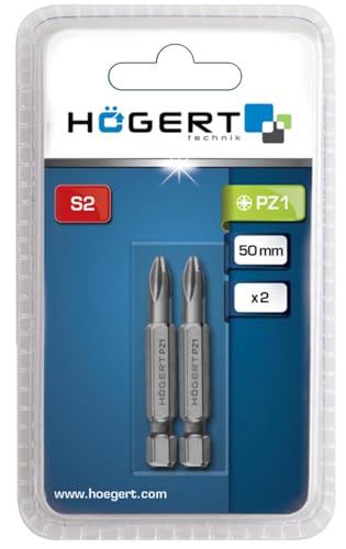 HÖGERT TECHNIK – PZ1 Schrauberbits 50 mm, 2 Stück, aus S2-Stahl, HRC 58–60, 1/4" Sechskantschaft, DIN 3126, präzise Kreuzschlitz-Bits für Werkstatt, Elektro & Montage