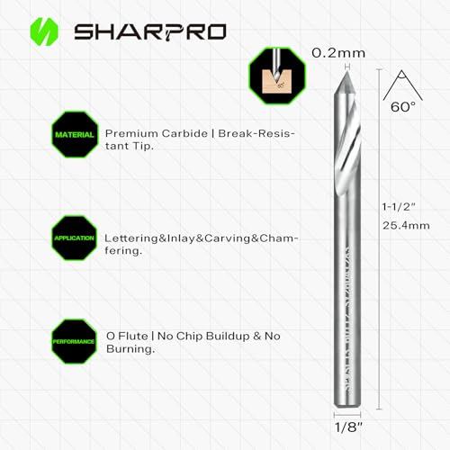 Image of 60 Degree V Groove Router Bits 1 /8 Shank, O Flute bit for CNC /Router Engraving, Chamfering & Lettering, Chamfer End Mill for Wood, Aluminum, Acrylic, Plastic, PVC