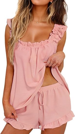 La Mejor Lista de Pijamas de Moda comprados en linea. 43 OLKBV Conjunto Pijama Mujer,2 Piece Ruffle PJ Soft Tank Top and Shorts Sleepwear Set,Conjunto de Pijama de Novia para Mujer. (MX/US, Alfa, Mediano, Regular, Regular, Rosa)