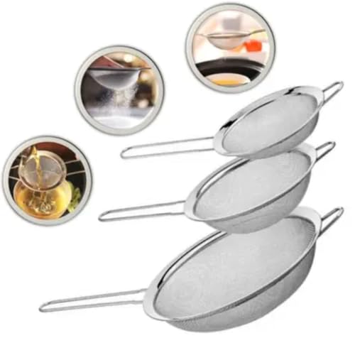 Kit Jogo Conjunto 3 Peneiras Coador Aço Inox 16,18,20cm - Vesátil, Durável, Fácil Manuseio, Suporte